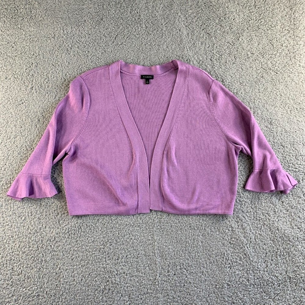 Talbots Open Cardigan‎ Crop Sweater Womens Large Modal Ruffle Sleeve Purple NEW